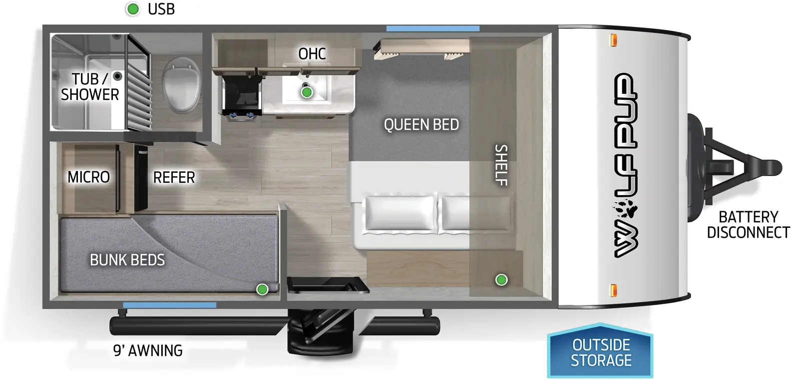 The Wolf Pup 14BHW floorplan has one entry and zero slide outs. Exterior features include: metal exterior and 9' awning. Interiors features include: bunk beds and front bedroom.